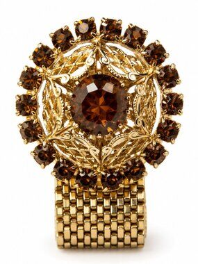 VINTAGE Amber Rhinstone & Gold Tone Filigree Single Cufflink